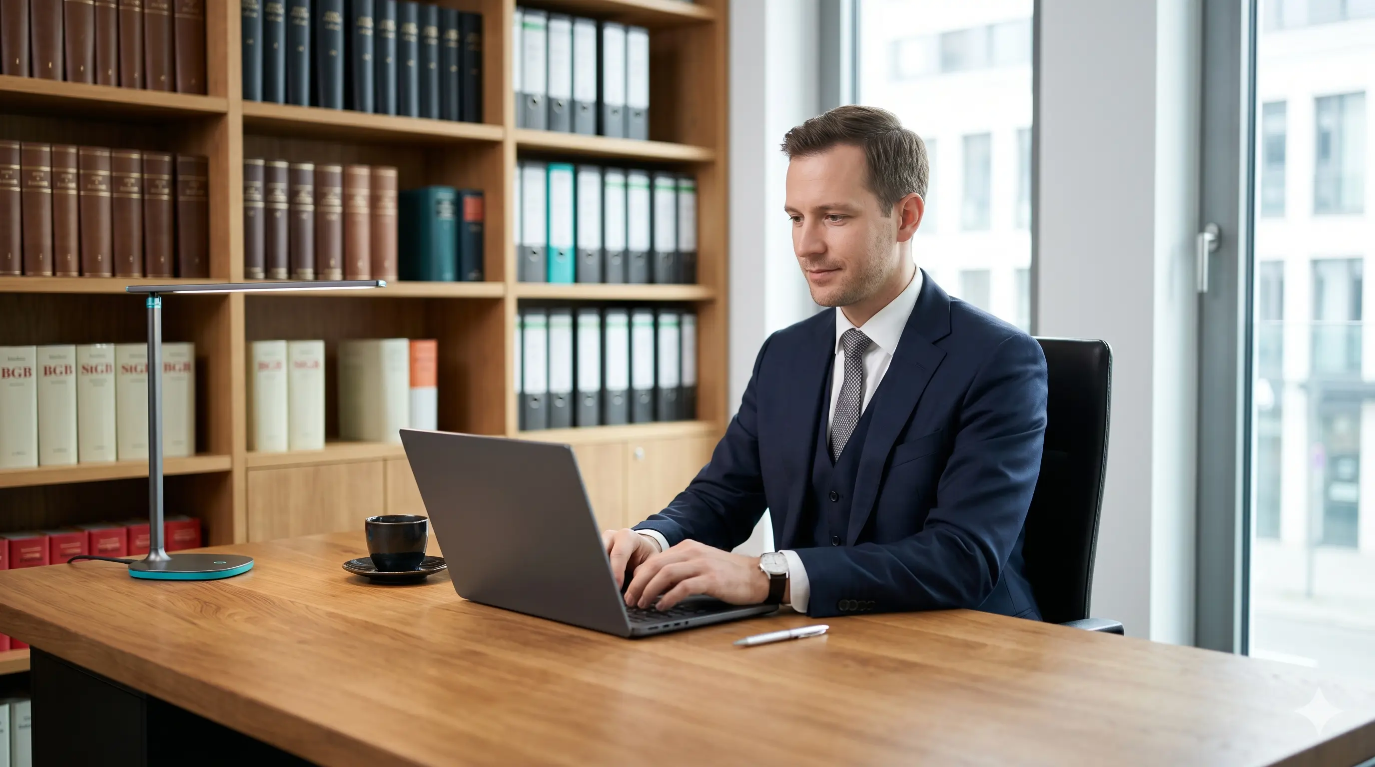 Anwältin arbeitet konzentriert am Laptop in einer modernen Kanzlei