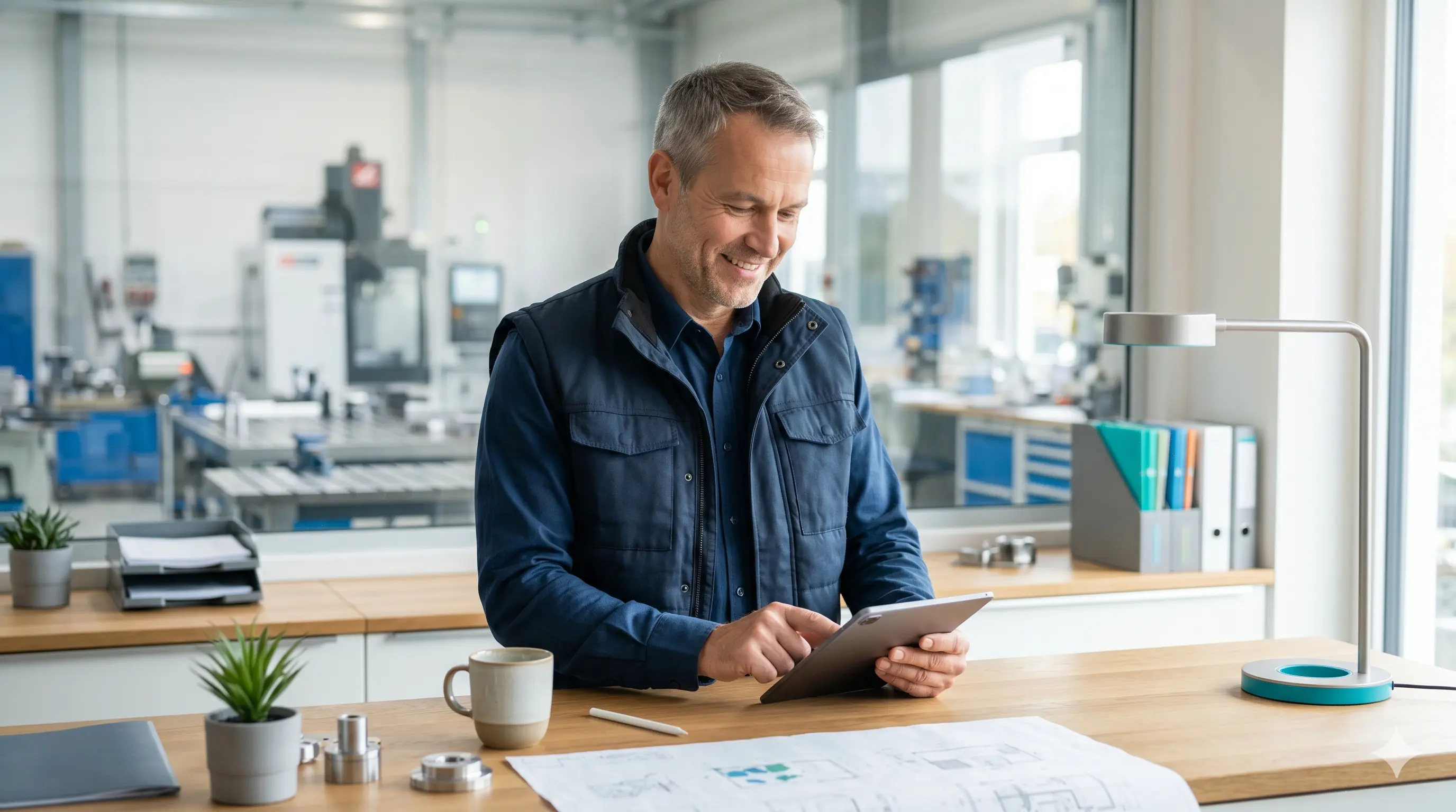 Mittelständischer Unternehmer prüft Daten am Tablet