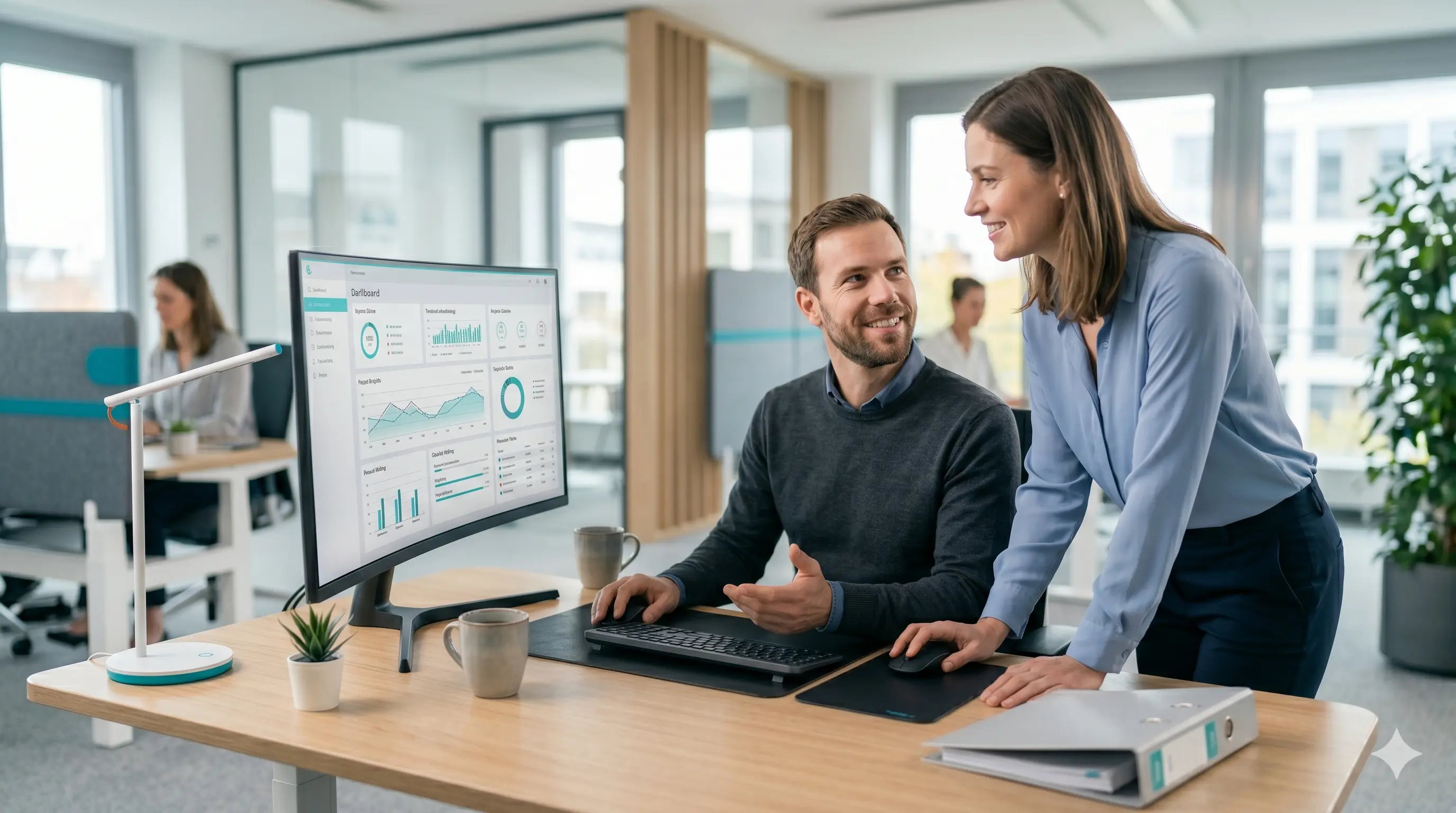 Zwei IT-Fachleute arbeiten partnerschaftlich an einer Sicherheitslösung